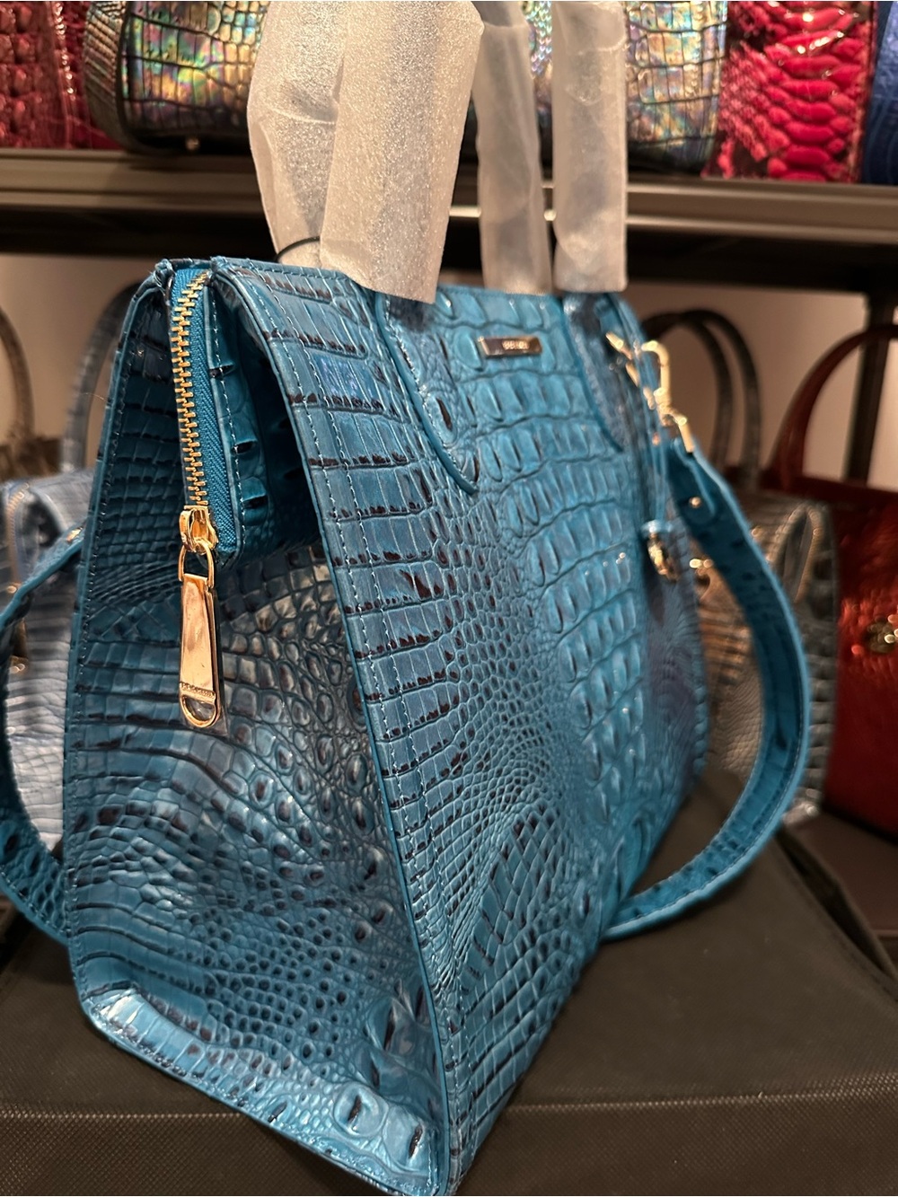 Sale Today! Brahmin Vibrant Azure Large Caroline Teal Leather Tote - Picture 4 of 13